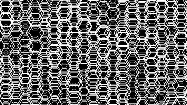 An animation of interlocking white hexagon outlines creating a geometric pattern on a black background