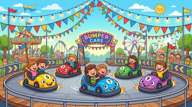 Happy Children Enjoying Colorful Bumper Cars at Amusement Park Cartoon Illustration