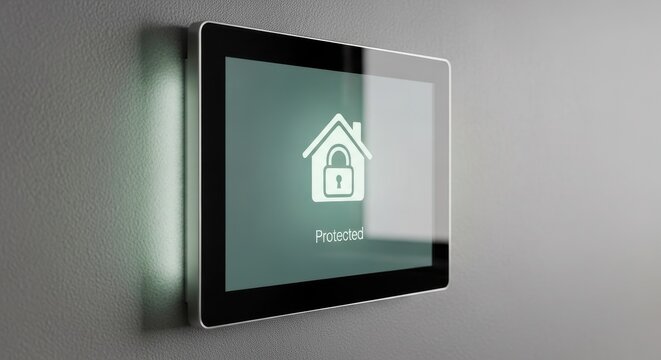 Sleek, modern, and minimalist smart home security control panel, featuring a metallic-framed touchscreen display securely mounted on a textured grey wall, actively showcasing a digital house icon with