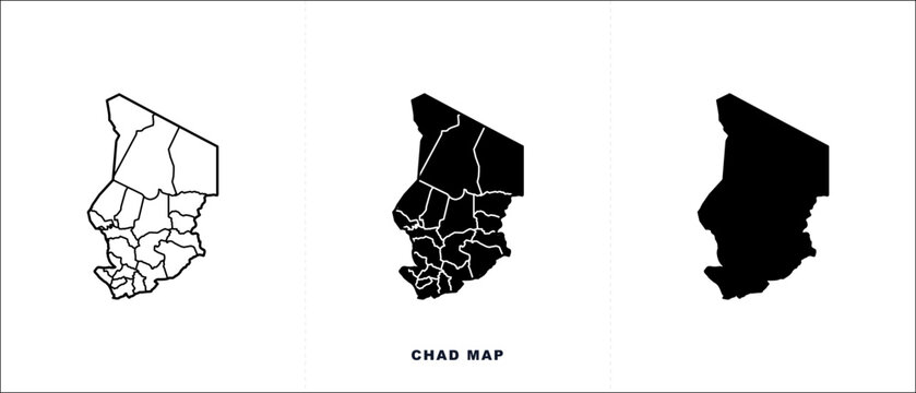 Chad map vector set, black silhouette and administrative borders of Chad, minimalist outline and solid geographic shapes for infographics