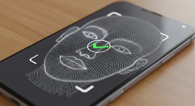 Sleek, cutting-edge smartphone display showcasing a successful biometric facial recognition scan with a vibrant green checkmark overlaying a detailed dot-matrix face graphic, resting on a warm wooden