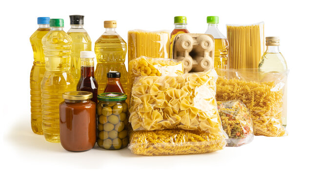 Foodstuff for donation, storage and delivery. Various food, pasta, cooking oil and canned food.