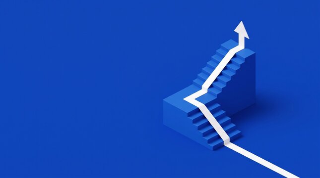 Blue Isometric Stairs with Upward Arrow Representing Growth and Career Success