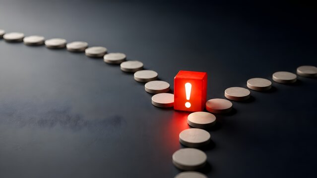 Risk management and anomaly detection concept highlighting a red warning cube with an exclamation mark interrupting a sequence of wooden discs