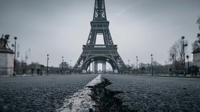 Paris, France, Europe. A moody, atmospheric photograph of the Eiffel Tower in Paris, France. The photograph focuses on the iconic structure, with its intricate metalwork and ornate design.