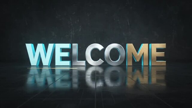 Welcome Text in 3d Metallic Letters with Blue and Silver Gradient, Reflecting on a Dark Surface. Modern Design Concept.