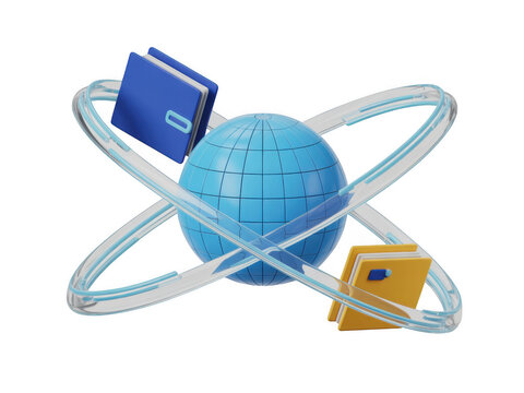 Blue globe icon with orbiting books for education