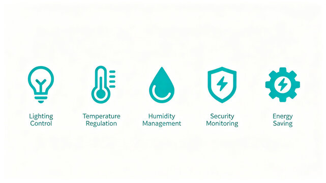 Simple linear icons for home appliances, environmental regulation, safety protection, energy-saving operation, and intelligent home appliance function introduction page.
