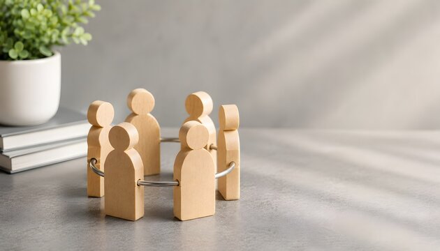 Teamwork and community connection concept featuring wooden figures linked together in a unified circle on a workplace desk