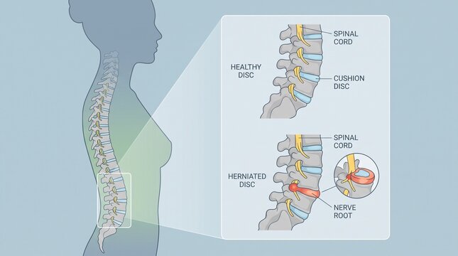 Medical illustration of human lumbar spinal disc herniation and nerve