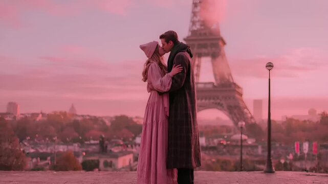 Paris, France, Europe. A romantic scene set against the Eiffel Tower in Paris, France. The sky is painted in soft pink and purple hues, indicating either dawn or dusk. The couple, dressed in warm.
