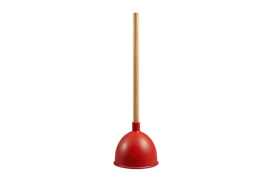 Red rubber plunger standing upright with wooden handle