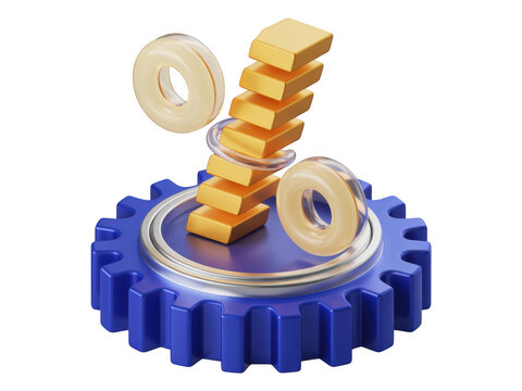 3d percentage sign icon on a blue mechanical gear