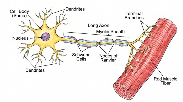 Anatomical diagram of a motor neuron and its connection to muscle fiber