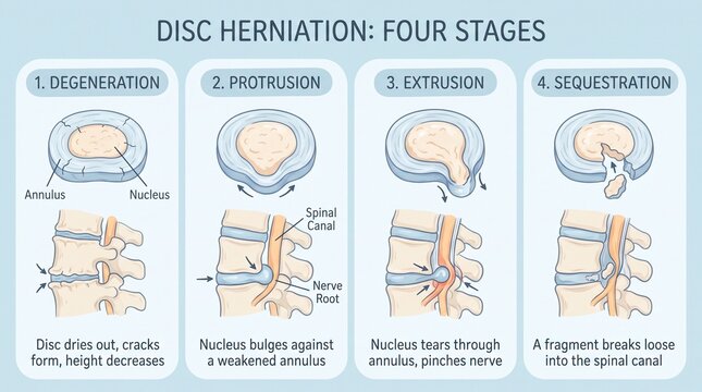 Educational diagram of four stages of human lumbar spinal disc herniation