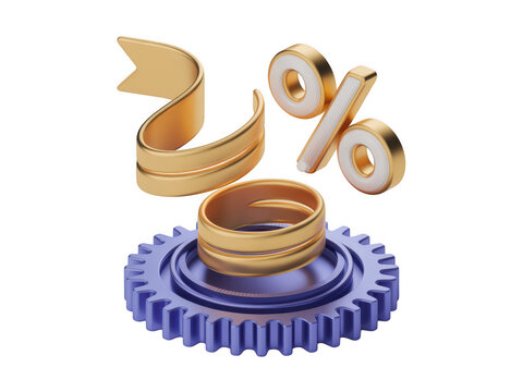 Golden percentage sign with a ribbon and blue gear wheel
