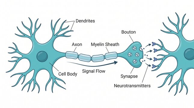 Educational illustration of a neuron anatomy and synaptic transmission