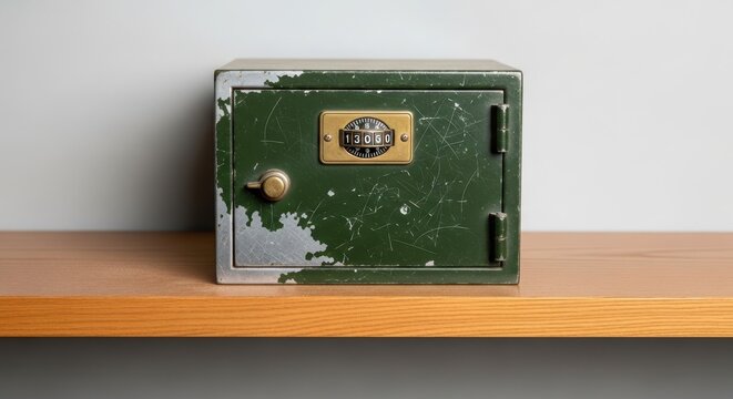 A weathered and rustic small metal safe, painted dark green with extensive paint chipping and surface scratches, featuring a prominent brass-colored combination dial and a sturdy knob, positioned