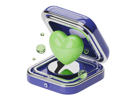 Green heart shape jewel inside a dark blue luxury gift box