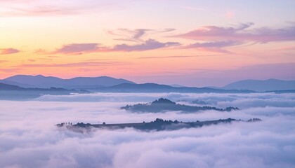 Fototapeta premium Serene sunrise view over foggy mountain peaks enveloped in soft pastel pink clouds. Ideal for atmospheric background, travel, wellness, and meditation themes. Peaceful scene with no people.