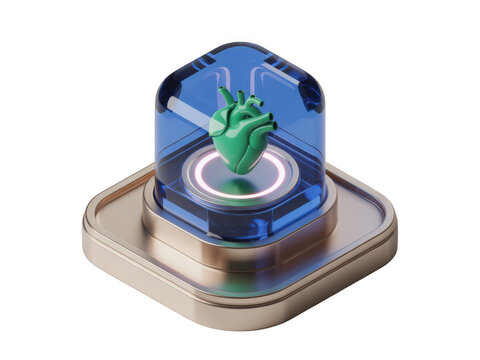 Green digital heart inside a blue glass capsule