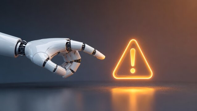 Artificial intelligence error warning concept featuring a robotic hand pointing at a glowing alert sign on a dark background
