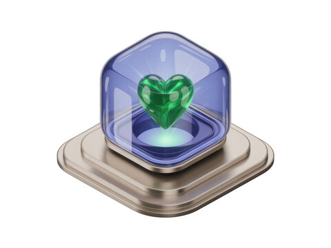 Green heart gem inside a blue glass dome isometric icon
