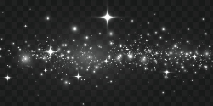Glowing white stardust with sparkling particles and radiant star lights isolated on transparent background. Abstract vector overlay