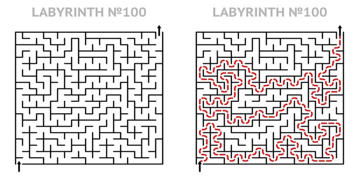 Square labyrinth 21x21 with solution. Maze for kids activity. Labyrinth game grid with answers. Medium difficulty.