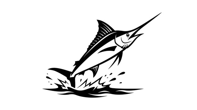 Black and white illustration of a marlin leaping from water with splashes