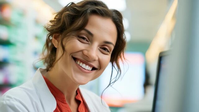 Side portrait of a focused female pharmacist working at a computer in a pharmacy for healthcare website banner and background