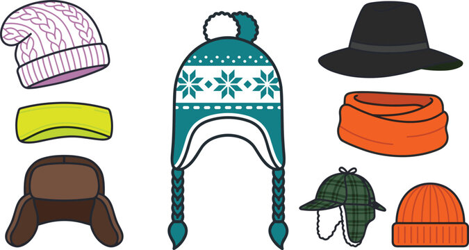Winter headwear collection featuring knit beanies, trapper hats, earflap hats, wide brim hat, balaclava, neck gaiter, and cold weather accessories flat vector illustration