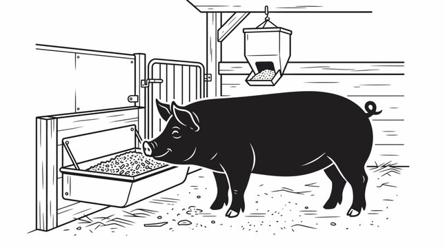 Black pig feeding in barn livestock enclosure with automatic feeder