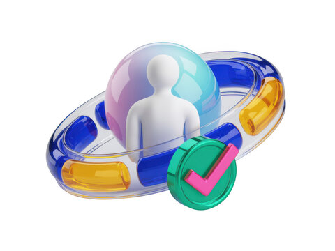 3d icon of a person inside a globe with a green check mark
