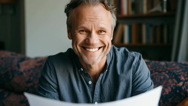 Middle aged man reading documents at home serious portrait of a mature man reviewing papers for personal finance background and editorial use