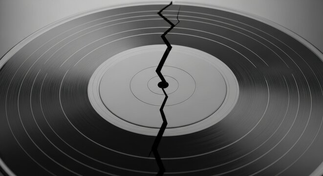 A deeply damaged classic monochrome vinyl record, a black plastic disc with a finely grooved surface and a light gray label, sharply cracked down the exact center and split into two distinct halves,