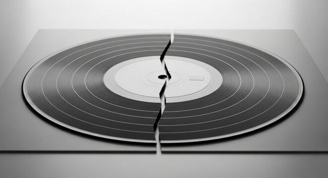 A classic, irreparable black vinyl record, meticulously split and fractured down its center, lies flat on a pristine, minimalist grey background under soft, diffused studio lighting, powerfully