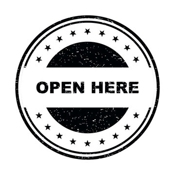Black round stamp sign with the text open here in a vintage grunge style isolated on transparent background