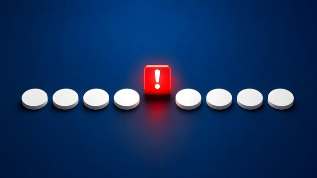 Risk management and anomaly detection concept showing a glowing red warning cube breaking a sequence of white pills on a blue background