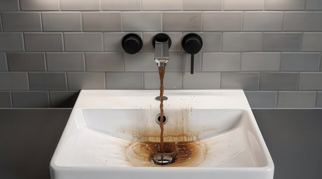 A white sink with dark brown, rusty-colored water flowing from a modern black faucet, staining the basin and contrasting with the gray tiled wall background.