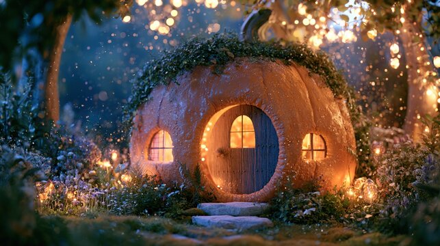 Cozy hobbit-style door carved into massive glowing pumpkin, glowing warm light from inside, sparkling dust set in mystical forest landscape