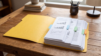 Obraz premium A business folder with stacked financial charts, data graphs, and document dividers laid out on a wooden office table.