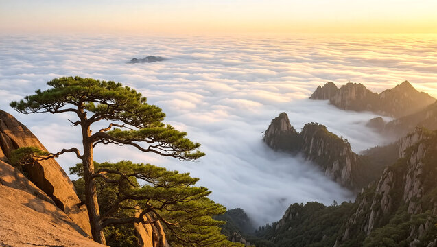 Sunset over coastal rocks and calm sea with misty fog and pine tree silhouette
