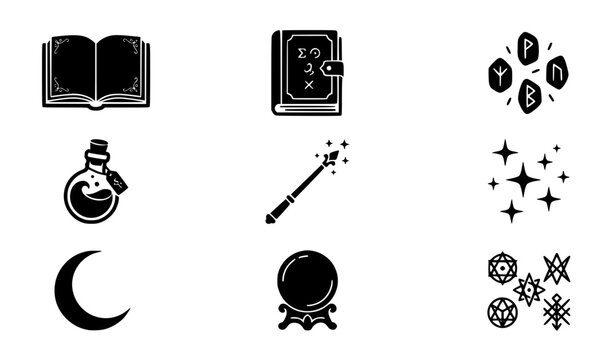 Spell book magic elements vector set with wizard book potions runes and mystical symbols silhouette collection
