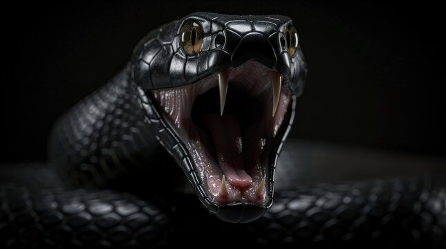 A close-up of a black snake with its mouth wide open, showing sharp fangs and textured scales against a dark background.