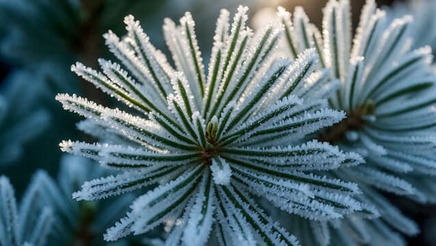 Macro close-up of pine needle branch covered with frost and snow in winter