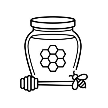 Honey jar with honey dipper and bee.