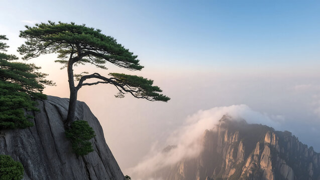 Solitary pine tree on foggy mountain peak at sunrise