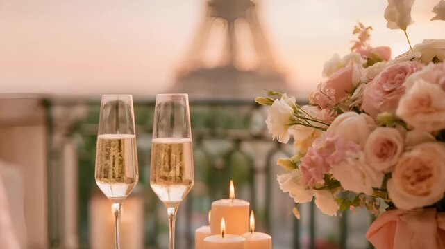 Paris, France, Europe. A romantic scene set in a luxurious room with a panoramic view of the Eiffel Tower at sunset. Two champagne flutes filled with sparkling champagne sit on a table.