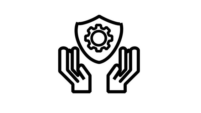 Caring Hands Shield Gear Line Icon. Animated line icon of protective hands supporting a shield with gear, ideal for safety maintenance, assurance, and support.